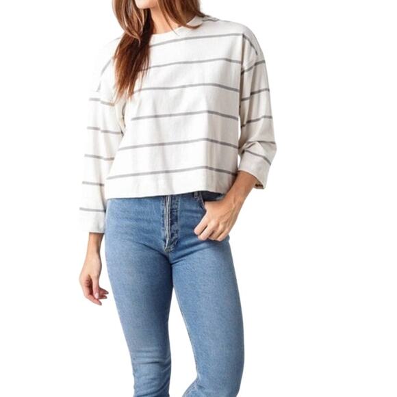 ATM Womens Plaited Jersey Stripe Sweatshirt Sweater Size M Ivory Gray Fall Style - Picture 1 of 9